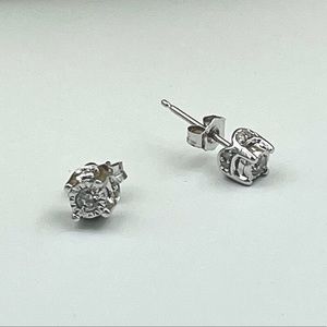 Diamond Earrings 10K White Gold, 4mm Flat Cut Round Halo Style